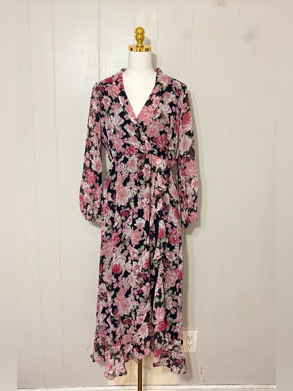 Bardot Floral Wrap Maxi Dress Ruffle Side Slit Black Pink Size M